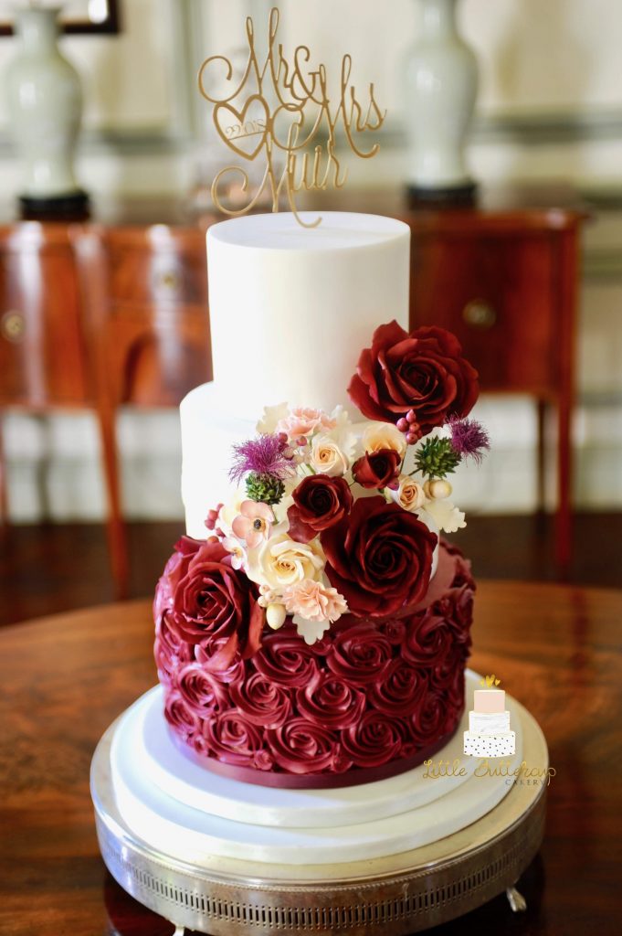 Burgundy colour palette wedding cake